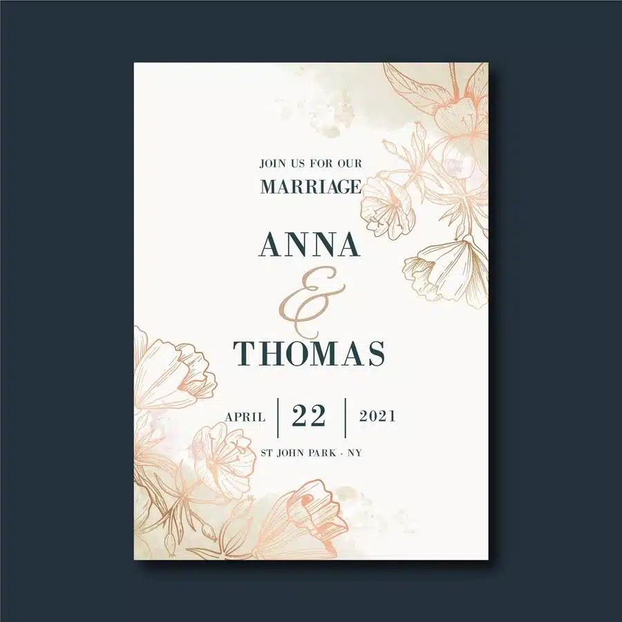 Elegant floral wedding invitation with date and location.