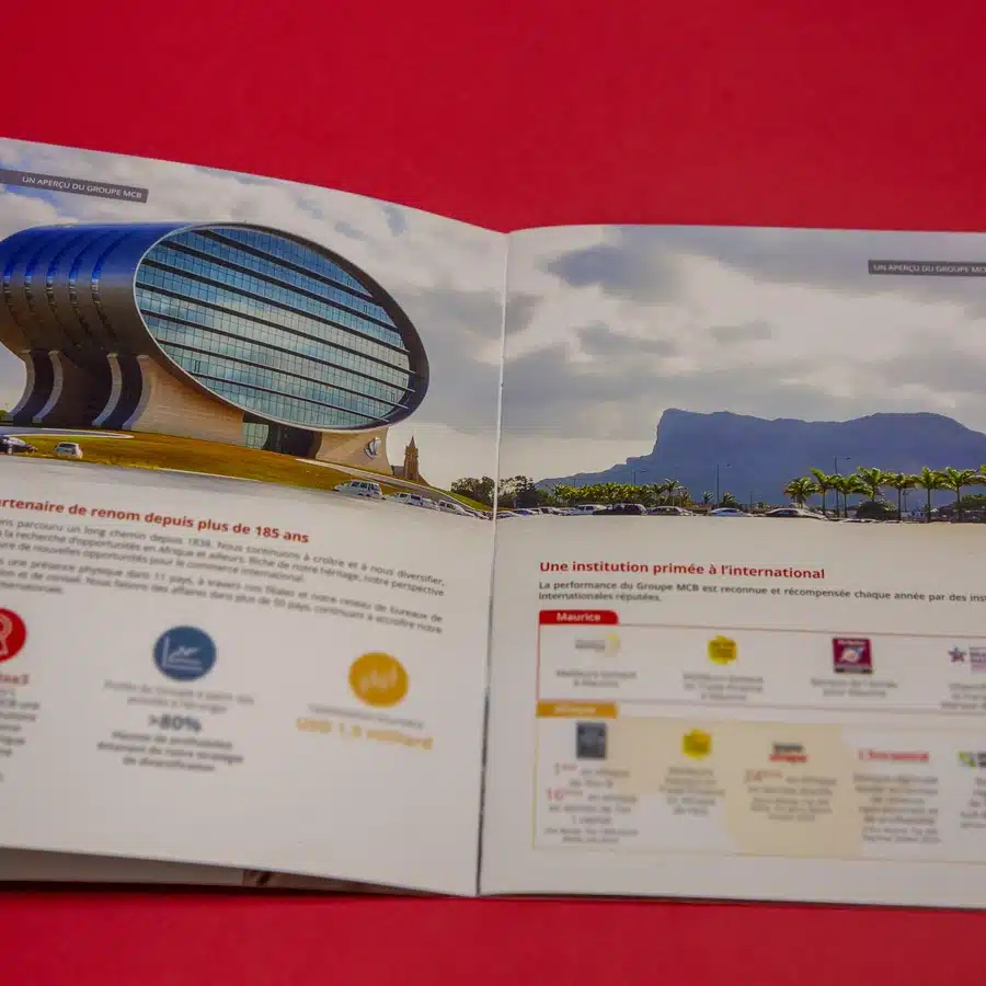Colorful brochure with modern building and mountain view.