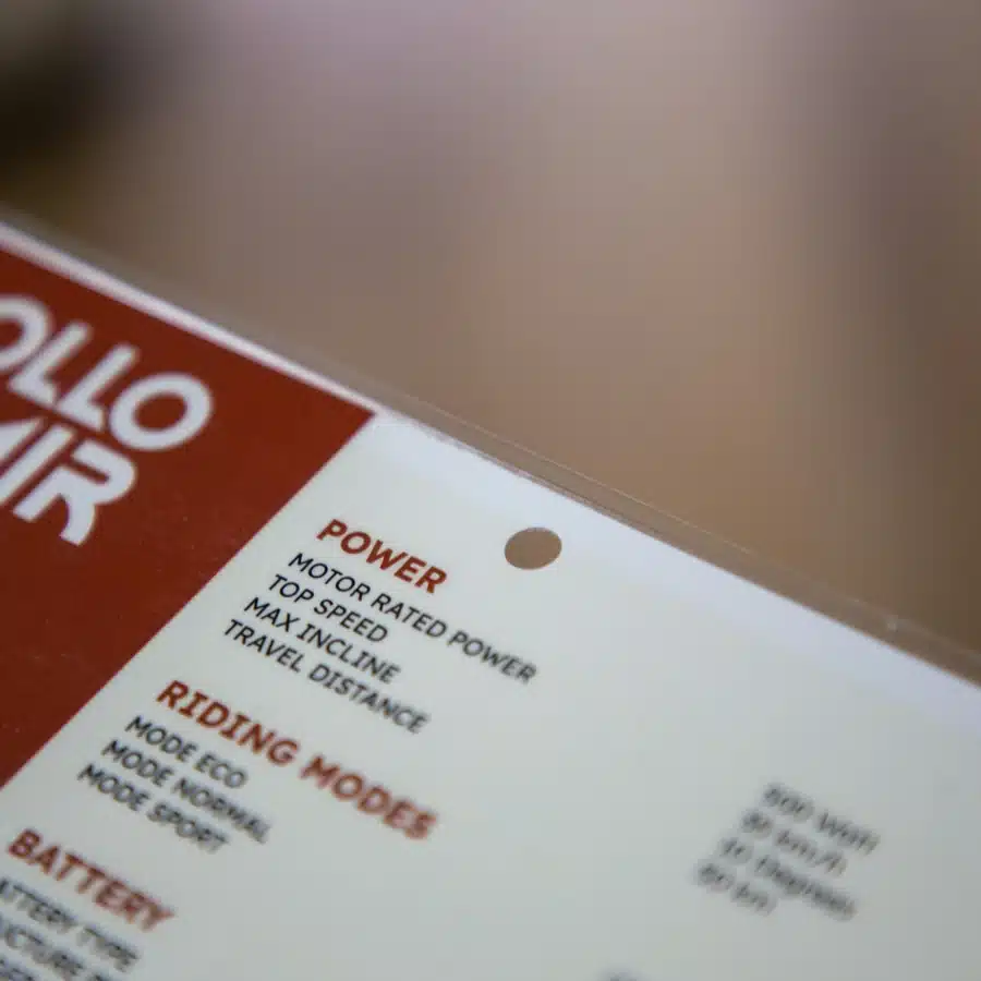 Close-up of electric scooter specifications label.