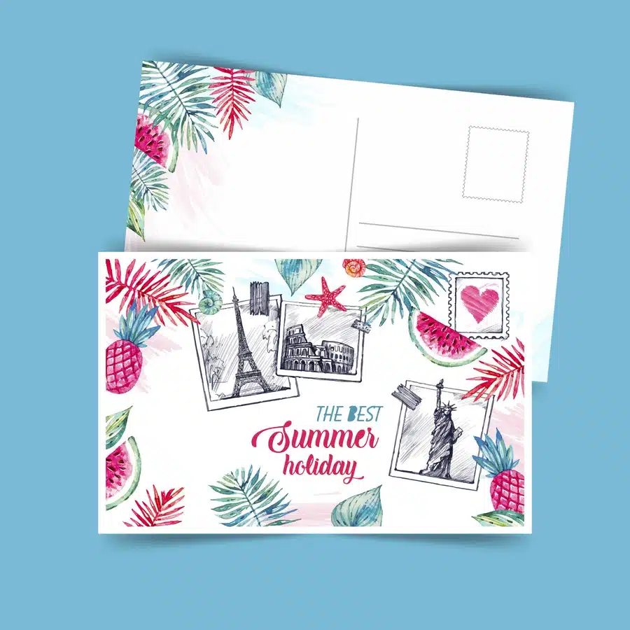 Summer holiday postcard with global landmarks and leaves.