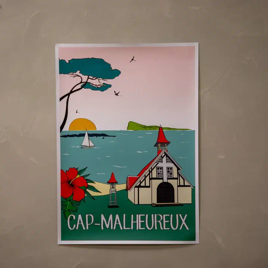 Poster of Cap Malheureux seaside church.