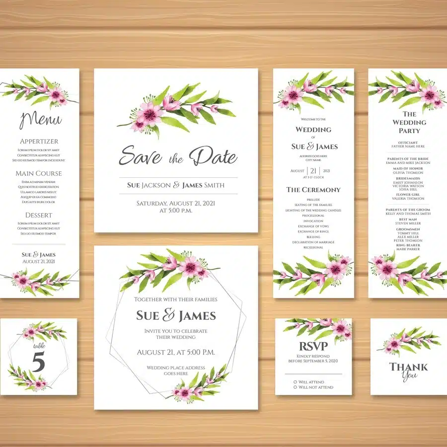 Floral wedding invitation suite with RSVP card.