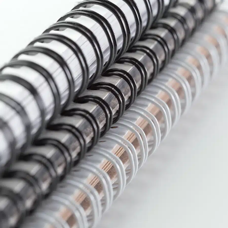Close-up of metal spiral bindings.