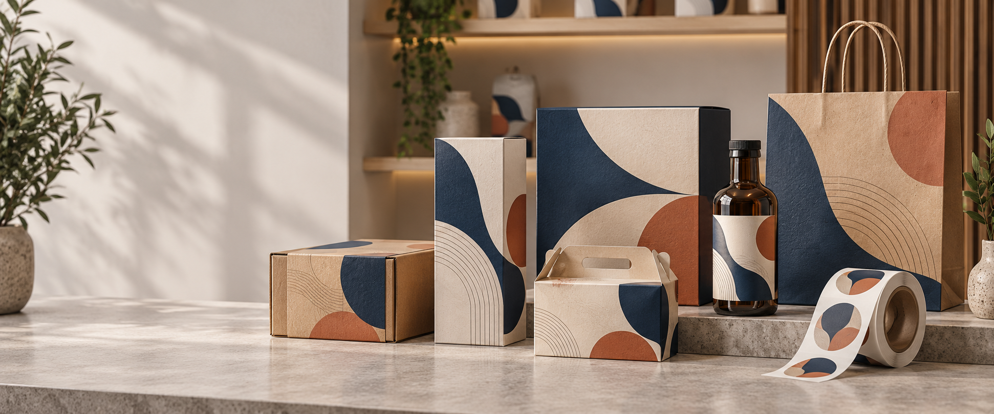 Luminara luxury candle packaging boxes in navy, gold and white